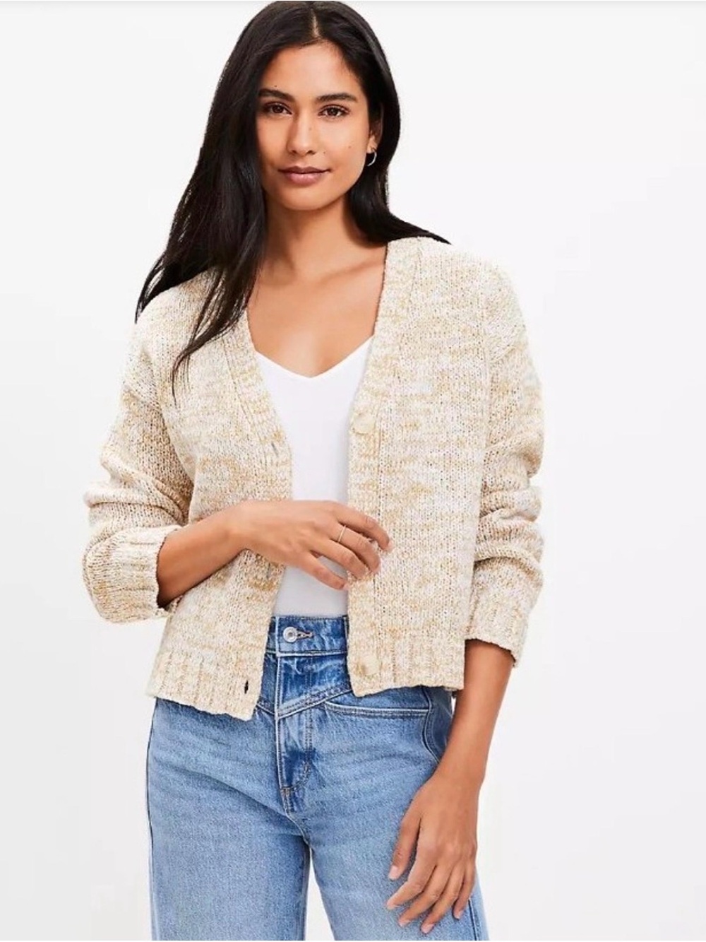 LOFT Marled Knit Button-Front Cardigan Sweater Size M NWT